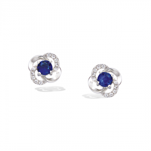 Boucles d'oreilles en argent rhodié 925 millièmes d'une fleur montée d'une pierre bleu saphir et de strass