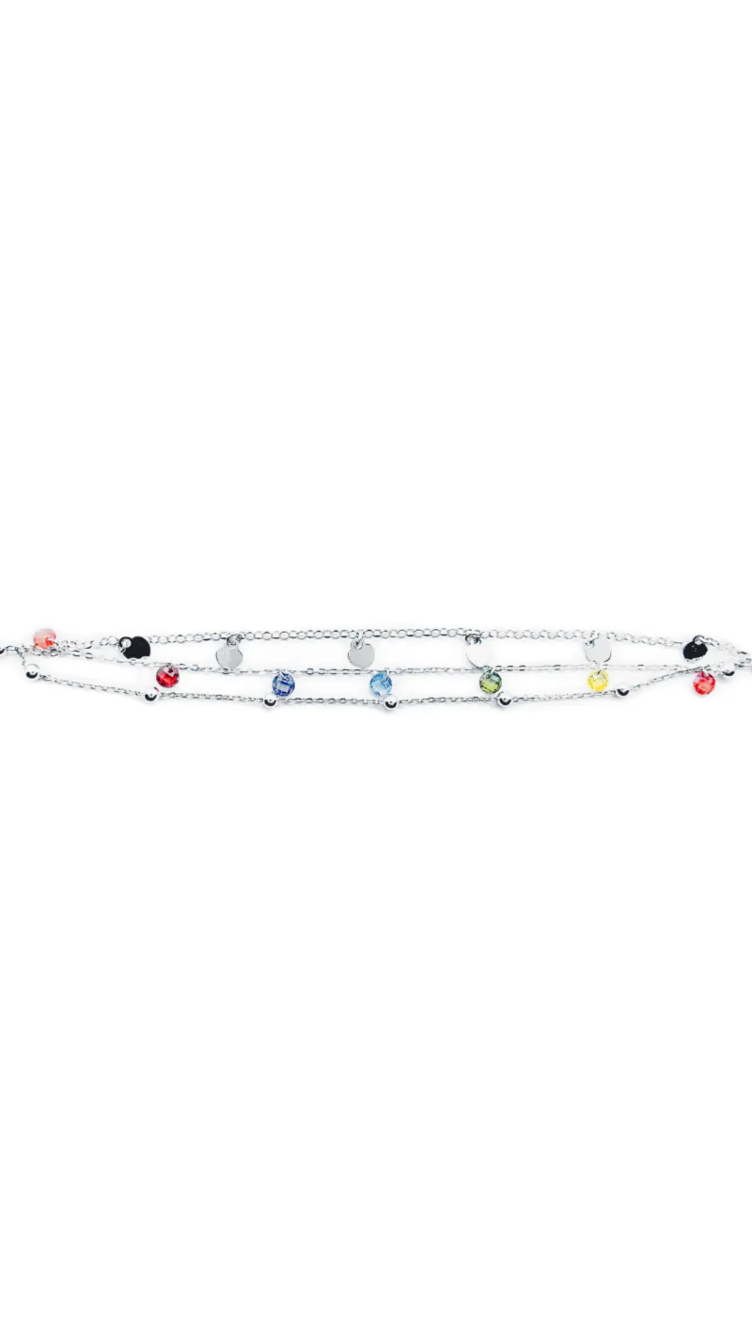 Bracelet triple chaîne cœurs en argent rhodié 925 millièmes et perles multicolores.