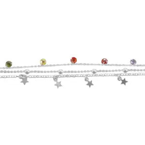 Bracelet triple chaine étoiles en argent et perles multicolores