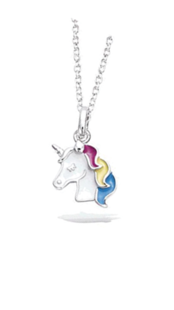 Collier en argent rhodié 925 millièmes d'une licorne à la crinière multicolore.