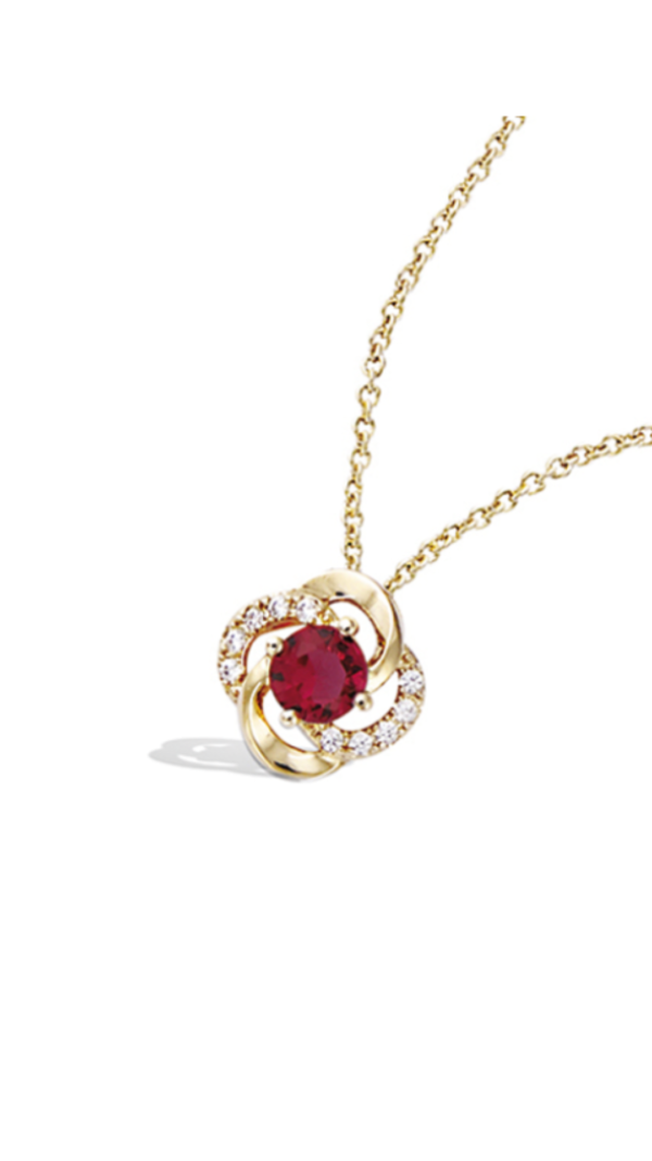 Collier plaqué or d'une fleur montée d'une pierre rouge rubis et de strass.