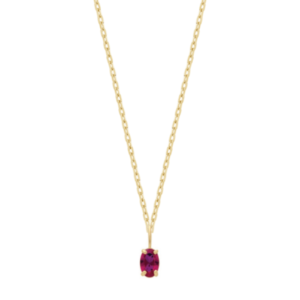 Collier plaqué or monté d'une pierre ovale de couleur rouge rubis.