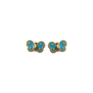 Boucles d'oreilles pour enfants en or jaune 9 carats en forme de papillons bleus.