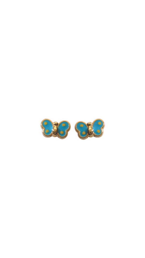 Boucles d'oreilles pour enfants en or jaune 9 carats en forme de papillons bleus.