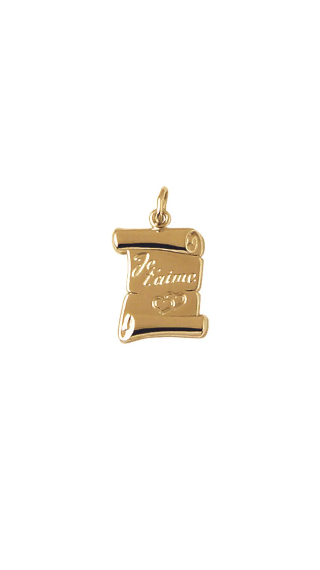 Pendentif d'un parchemin en or avec écrit dessus "Je t'aime" avec deux cœurs gravés.
