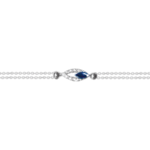 Bracelet double chaîne en argent rhodié 925 millièmes d'une goutte couverte de strass et d'une pierre bleue saphir.