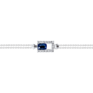 Bracelet double chaîne en argent rhodié 925 millièmes rectangulaire couvert de strass et d'une pierre bleue saphir.