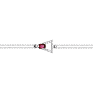 Bracelet double chaîne en argent rhodié 925 millième d'un triangle couvert de strass et d'une pierre rouge rubis