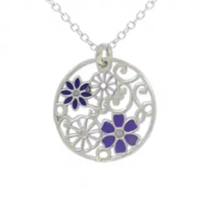 Collier fleurs bleues en argent.